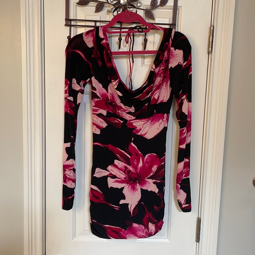 Caché Floral Top w/ Draped Neck & Tie Back